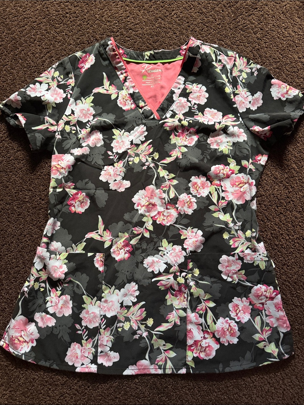Floral V-Neck Scrub Top with Pink Blossoms